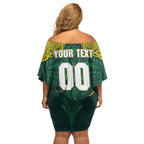 Custom Kangaroos Rugby Family Matching Off Shoulder Short Dress and Hawaiian Shirt Polynesian Tribal Pattern Green Gold National Team