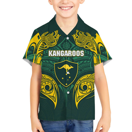 Custom Kangaroos Rugby Family Matching Off Shoulder Short Dress and Hawaiian Shirt Polynesian Tribal Pattern Green Gold National Team