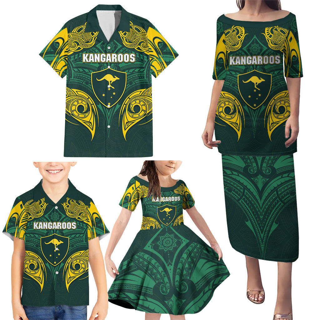 Custom Kangaroos Rugby Family Matching Puletasi and Hawaiian Shirt Polynesian Tribal Pattern Green Gold National Team