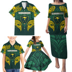 Custom Kangaroos Rugby Family Matching Puletasi and Hawaiian Shirt Polynesian Tribal Pattern Green Gold National Team