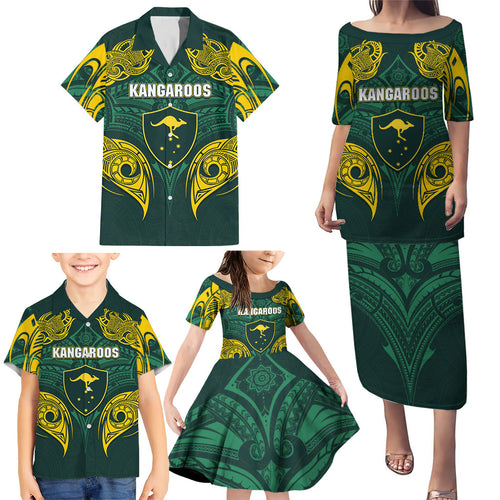 Custom Kangaroos Rugby Family Matching Puletasi and Hawaiian Shirt Polynesian Tribal Pattern Green Gold National Team