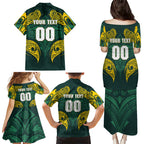 Custom Kangaroos Rugby Family Matching Puletasi and Hawaiian Shirt Polynesian Tribal Pattern Green Gold National Team