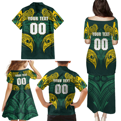 Custom Kangaroos Rugby Family Matching Puletasi and Hawaiian Shirt Polynesian Tribal Pattern Green Gold National Team