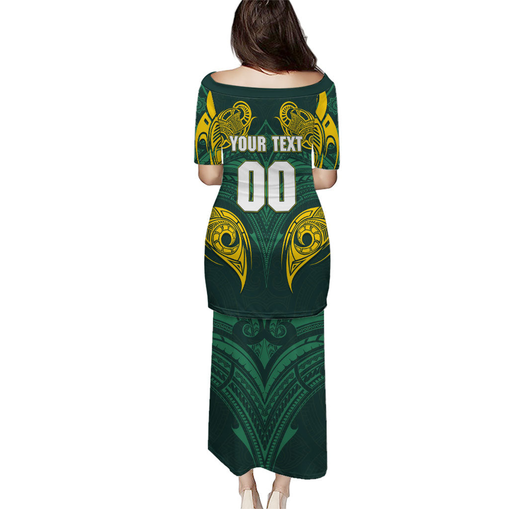 Custom Kangaroos Rugby Family Matching Puletasi and Hawaiian Shirt Polynesian Tribal Pattern Green Gold National Team