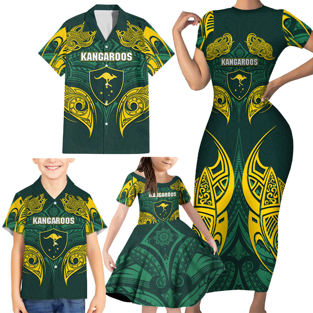 Custom Kangaroos Rugby Family Matching Short Sleeve Bodycon Dress and Hawaiian Shirt Polynesian Tribal Pattern Green Gold National Team
