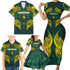 Custom Kangaroos Rugby Family Matching Short Sleeve Bodycon Dress and Hawaiian Shirt Polynesian Tribal Pattern Green Gold National Team