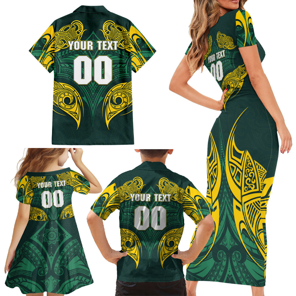 Custom Kangaroos Rugby Family Matching Short Sleeve Bodycon Dress and Hawaiian Shirt Polynesian Tribal Pattern Green Gold National Team