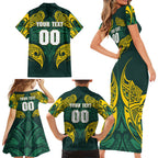 Custom Kangaroos Rugby Family Matching Short Sleeve Bodycon Dress and Hawaiian Shirt Polynesian Tribal Pattern Green Gold National Team