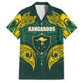 Custom Kangaroos Rugby Family Matching Short Sleeve Bodycon Dress and Hawaiian Shirt Polynesian Tribal Pattern Green Gold National Team