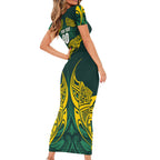Custom Kangaroos Rugby Family Matching Short Sleeve Bodycon Dress and Hawaiian Shirt Polynesian Tribal Pattern Green Gold National Team