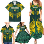 Custom Kangaroos Rugby Family Matching Summer Maxi Dress and Hawaiian Shirt Polynesian Tribal Pattern Green Gold National Team