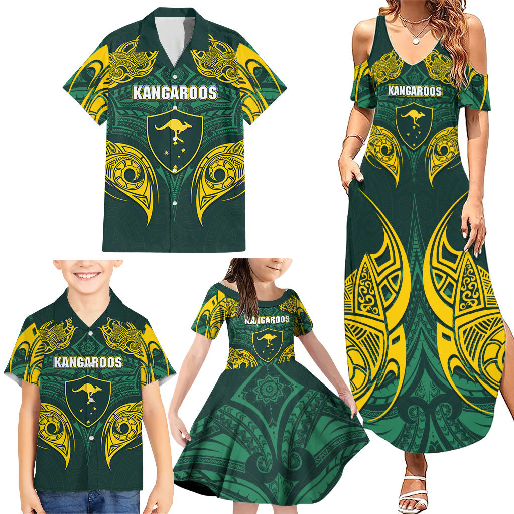Custom Kangaroos Rugby Family Matching Summer Maxi Dress and Hawaiian Shirt Polynesian Tribal Pattern Green Gold National Team