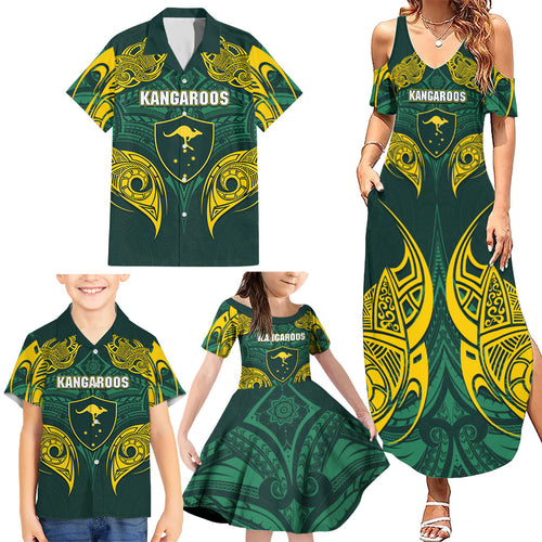 Custom Kangaroos Rugby Family Matching Summer Maxi Dress and Hawaiian Shirt Polynesian Tribal Pattern Green Gold National Team