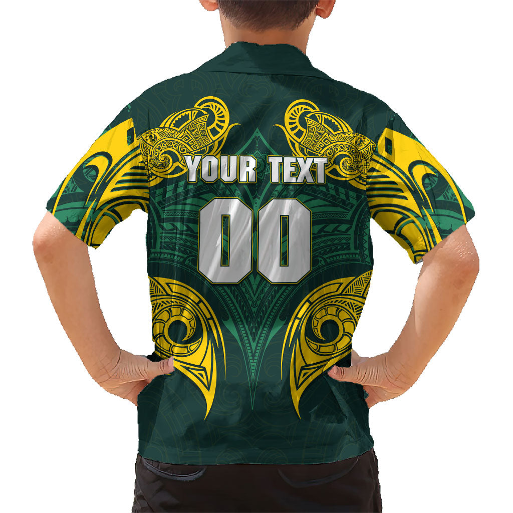 Custom Kangaroos Rugby Family Matching Summer Maxi Dress and Hawaiian Shirt Polynesian Tribal Pattern Green Gold National Team