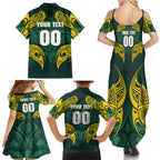 Custom Kangaroos Rugby Family Matching Summer Maxi Dress and Hawaiian Shirt Polynesian Tribal Pattern Green Gold National Team