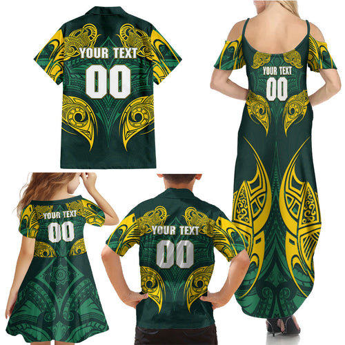 Custom Kangaroos Rugby Family Matching Summer Maxi Dress and Hawaiian Shirt Polynesian Tribal Pattern Green Gold National Team
