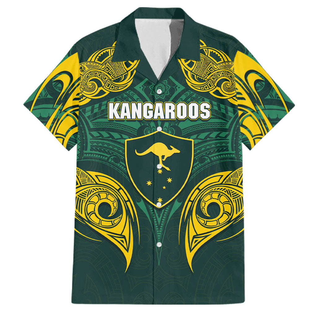 Custom Kangaroos Rugby Family Matching Summer Maxi Dress and Hawaiian Shirt Polynesian Tribal Pattern Green Gold National Team