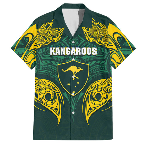 Custom Kangaroos Rugby Family Matching Summer Maxi Dress and Hawaiian Shirt Polynesian Tribal Pattern Green Gold National Team