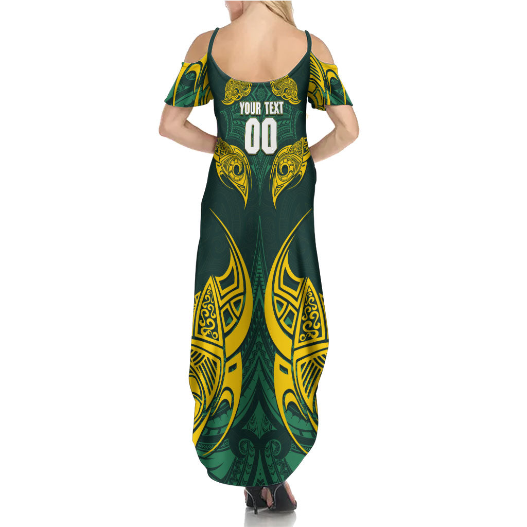 Custom Kangaroos Rugby Family Matching Summer Maxi Dress and Hawaiian Shirt Polynesian Tribal Pattern Green Gold National Team