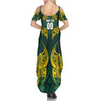 Custom Kangaroos Rugby Family Matching Summer Maxi Dress and Hawaiian Shirt Polynesian Tribal Pattern Green Gold National Team