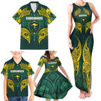Custom Kangaroos Rugby Family Matching Tank Maxi Dress and Hawaiian Shirt Polynesian Tribal Pattern Green Gold National Team