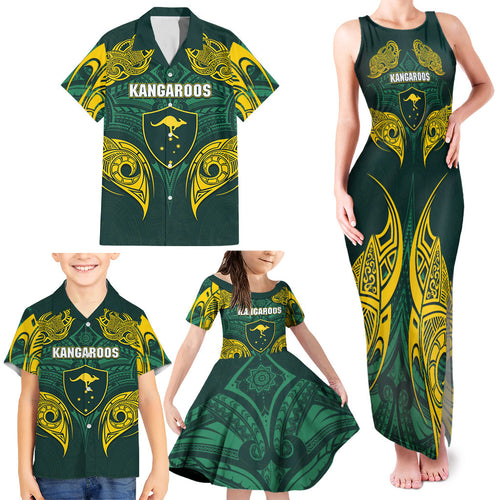 Custom Kangaroos Rugby Family Matching Tank Maxi Dress and Hawaiian Shirt Polynesian Tribal Pattern Green Gold National Team