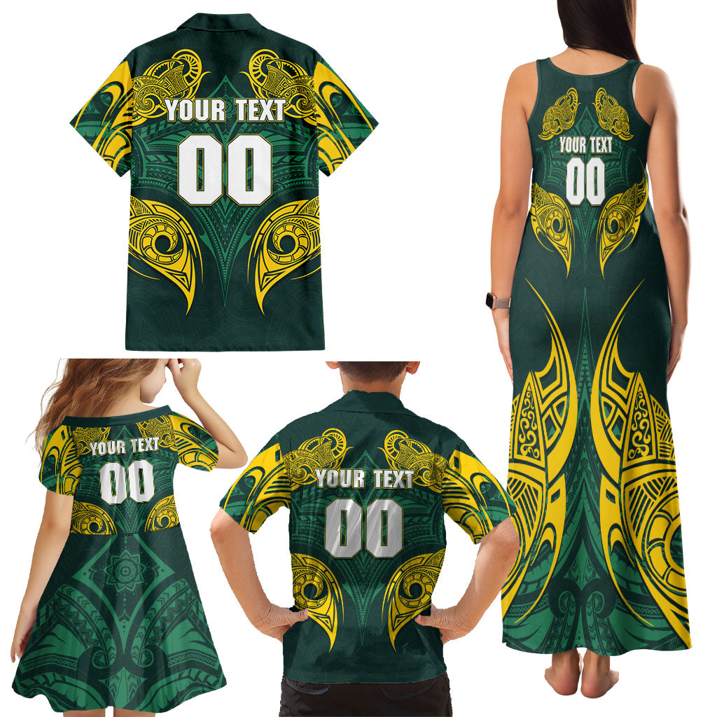 Custom Kangaroos Rugby Family Matching Tank Maxi Dress and Hawaiian Shirt Polynesian Tribal Pattern Green Gold National Team