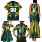 Custom Kangaroos Rugby Family Matching Tank Maxi Dress and Hawaiian Shirt Polynesian Tribal Pattern Green Gold National Team