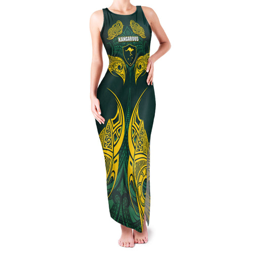 Custom Kangaroos Rugby Family Matching Tank Maxi Dress and Hawaiian Shirt Polynesian Tribal Pattern Green Gold National Team