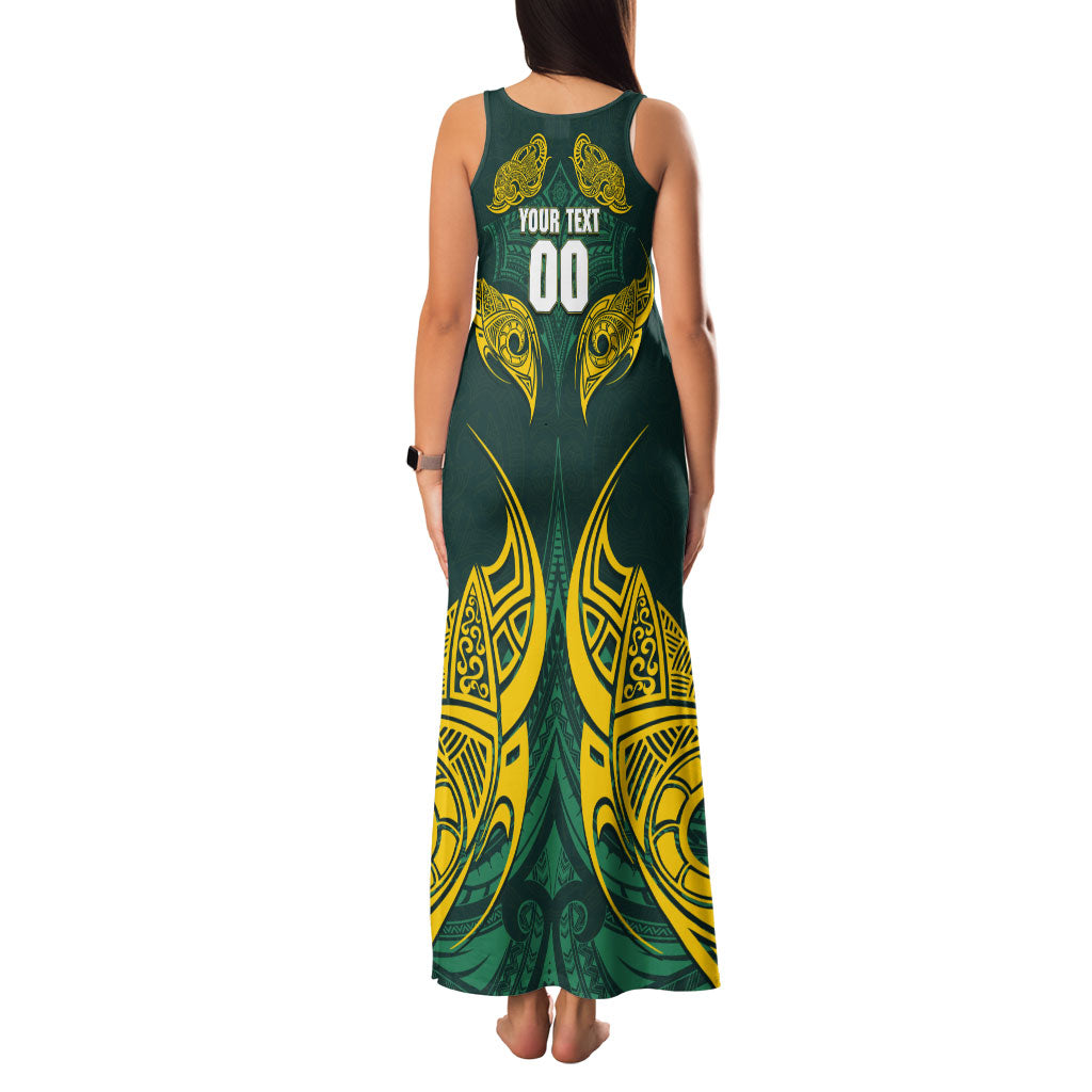 Custom Kangaroos Rugby Family Matching Tank Maxi Dress and Hawaiian Shirt Polynesian Tribal Pattern Green Gold National Team