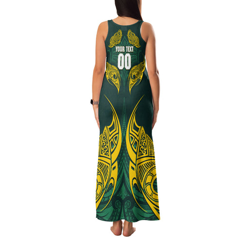 Custom Kangaroos Rugby Family Matching Tank Maxi Dress and Hawaiian Shirt Polynesian Tribal Pattern Green Gold National Team