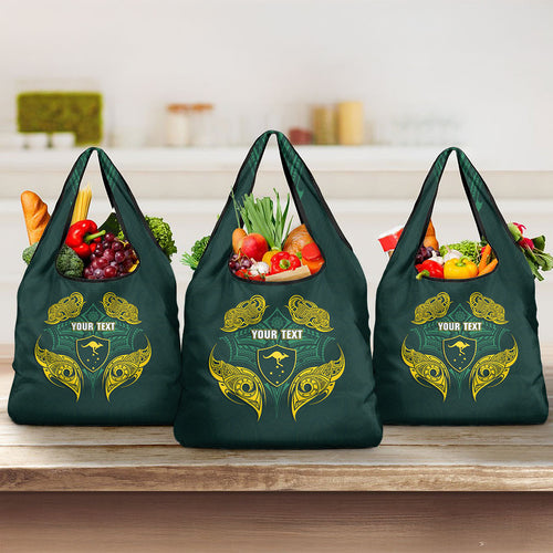 Custom Kangaroos Rugby Grocery Bag Polynesian Tribal Pattern Green Gold National Team