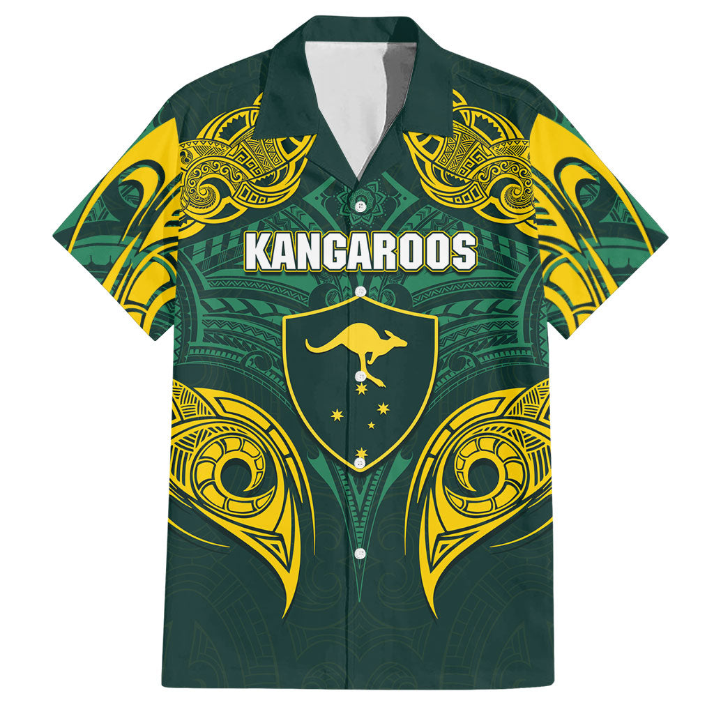 Custom Kangaroos Rugby Hawaiian Shirt Polynesian Tribal Pattern Green Gold National Team