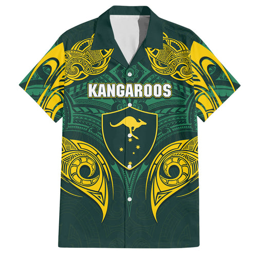 Custom Kangaroos Rugby Hawaiian Shirt Polynesian Tribal Pattern Green Gold National Team