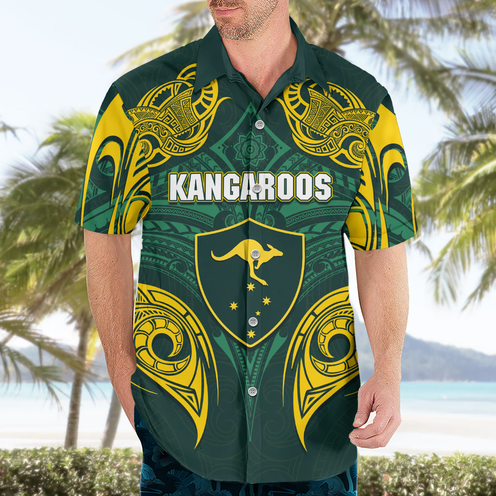 Custom Kangaroos Rugby Hawaiian Shirt Polynesian Tribal Pattern Green Gold National Team