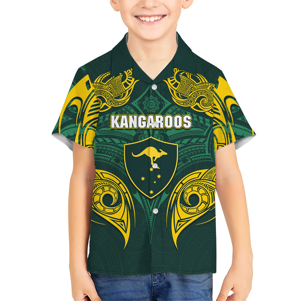 Custom Kangaroos Rugby Hawaiian Shirt Polynesian Tribal Pattern Green Gold National Team