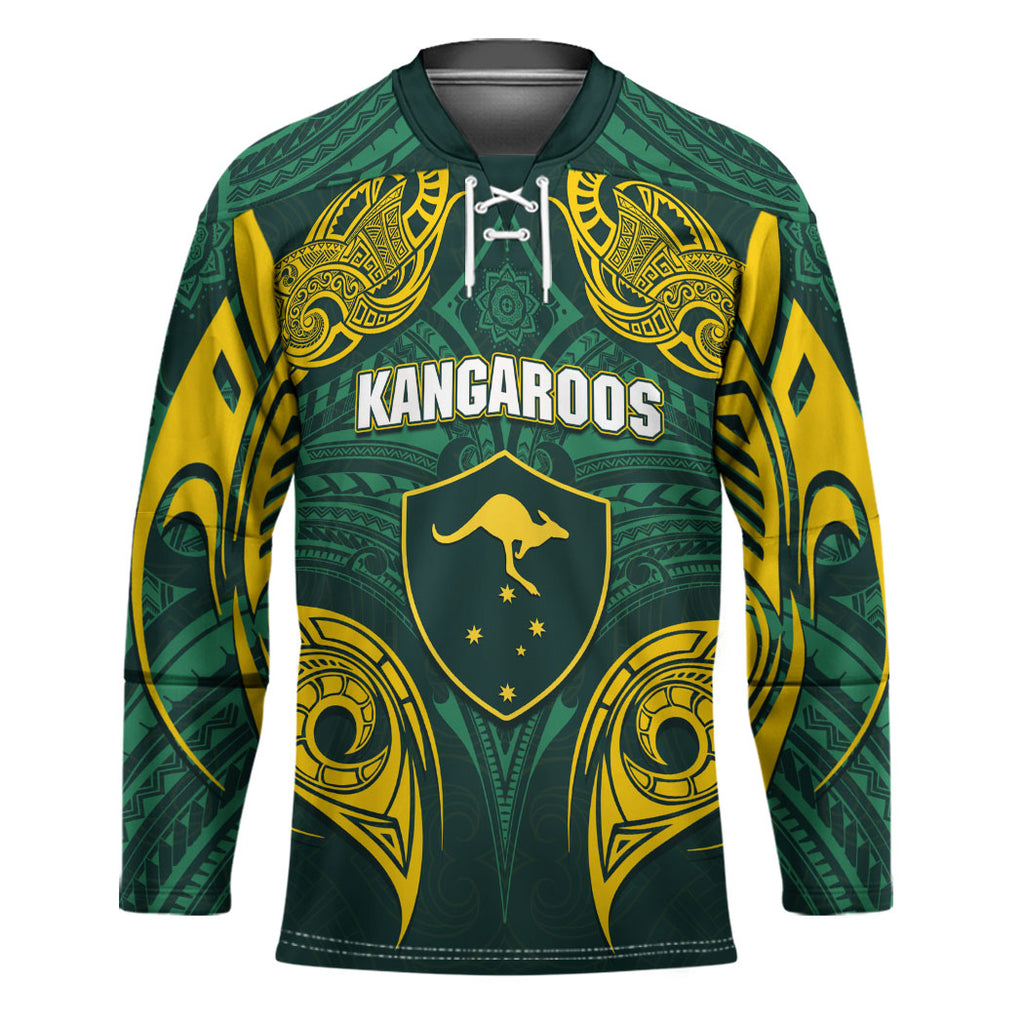 Custom Kangaroos Rugby Hockey Jersey Polynesian Tribal Pattern Green Gold National Team