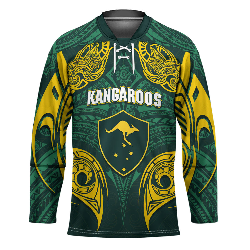 Custom Kangaroos Rugby Hockey Jersey Polynesian Tribal Pattern Green Gold National Team