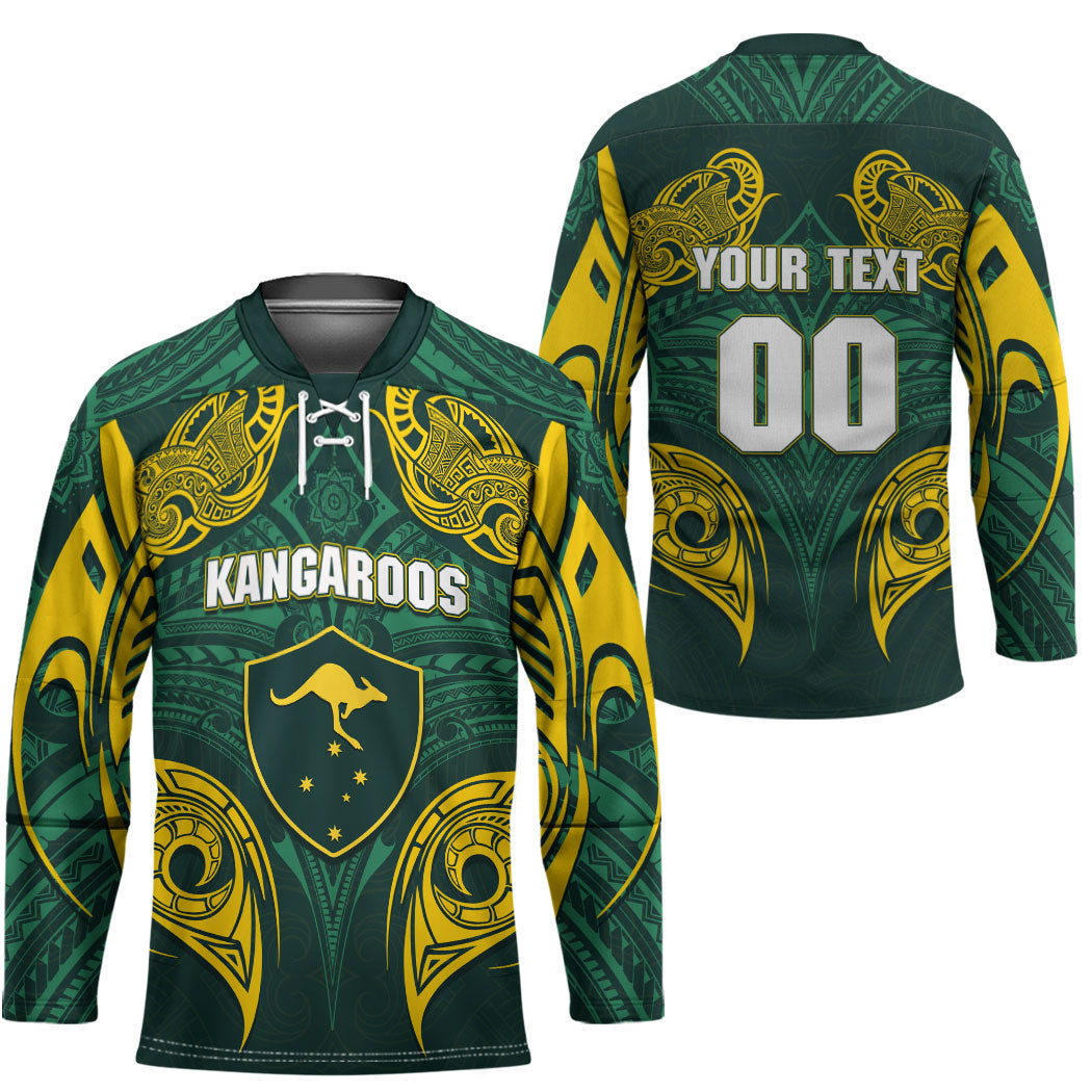 Custom Kangaroos Rugby Hockey Jersey Polynesian Tribal Pattern Green Gold National Team