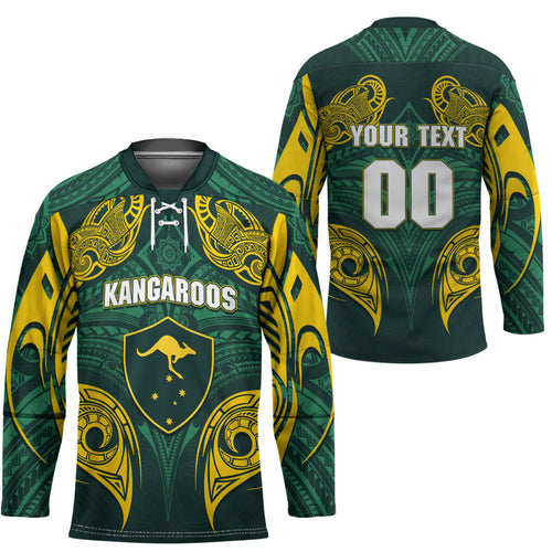 Custom Kangaroos Rugby Hockey Jersey Polynesian Tribal Pattern Green Gold National Team