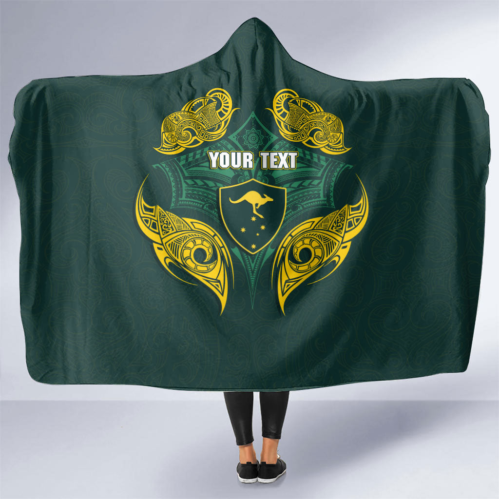 Custom Kangaroos Rugby Hooded Blanket Polynesian Tribal Pattern Green Gold National Team