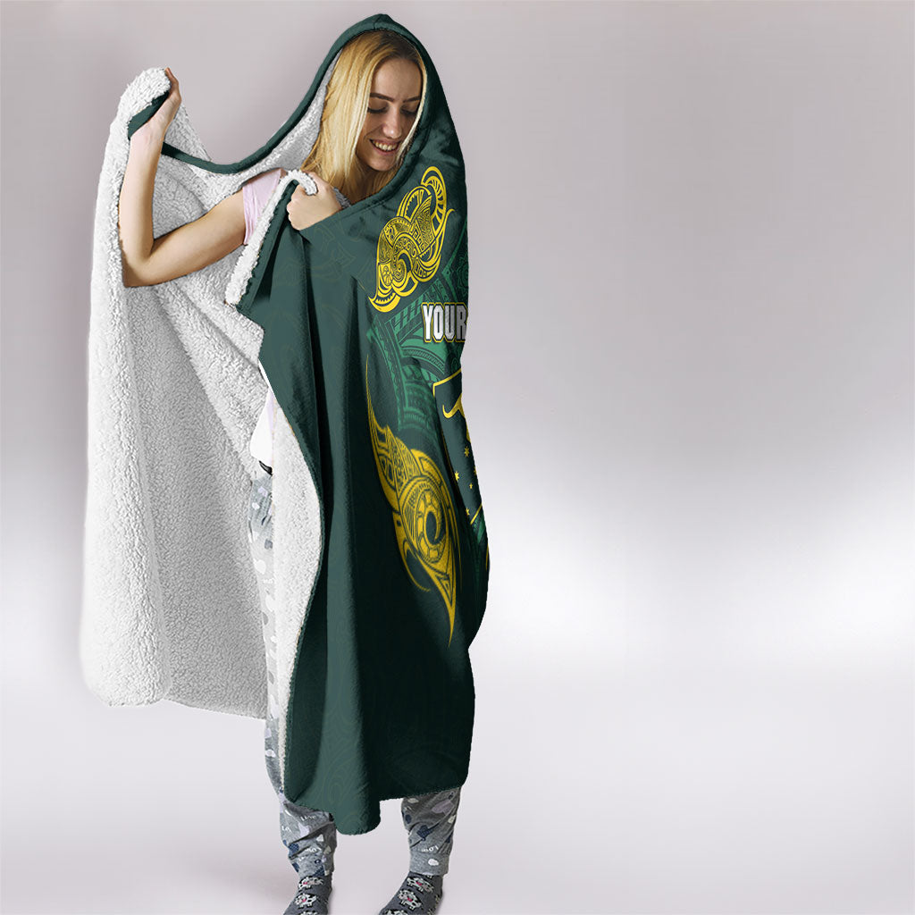 Custom Kangaroos Rugby Hooded Blanket Polynesian Tribal Pattern Green Gold National Team