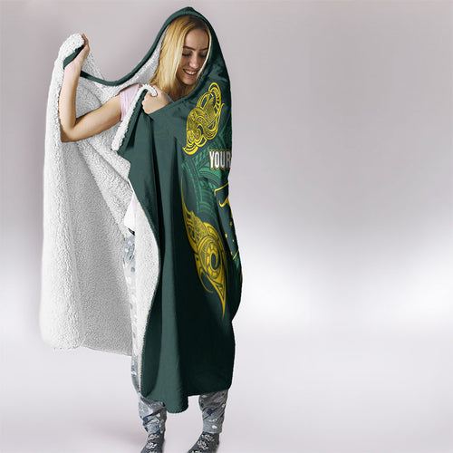 Custom Kangaroos Rugby Hooded Blanket Polynesian Tribal Pattern Green Gold National Team
