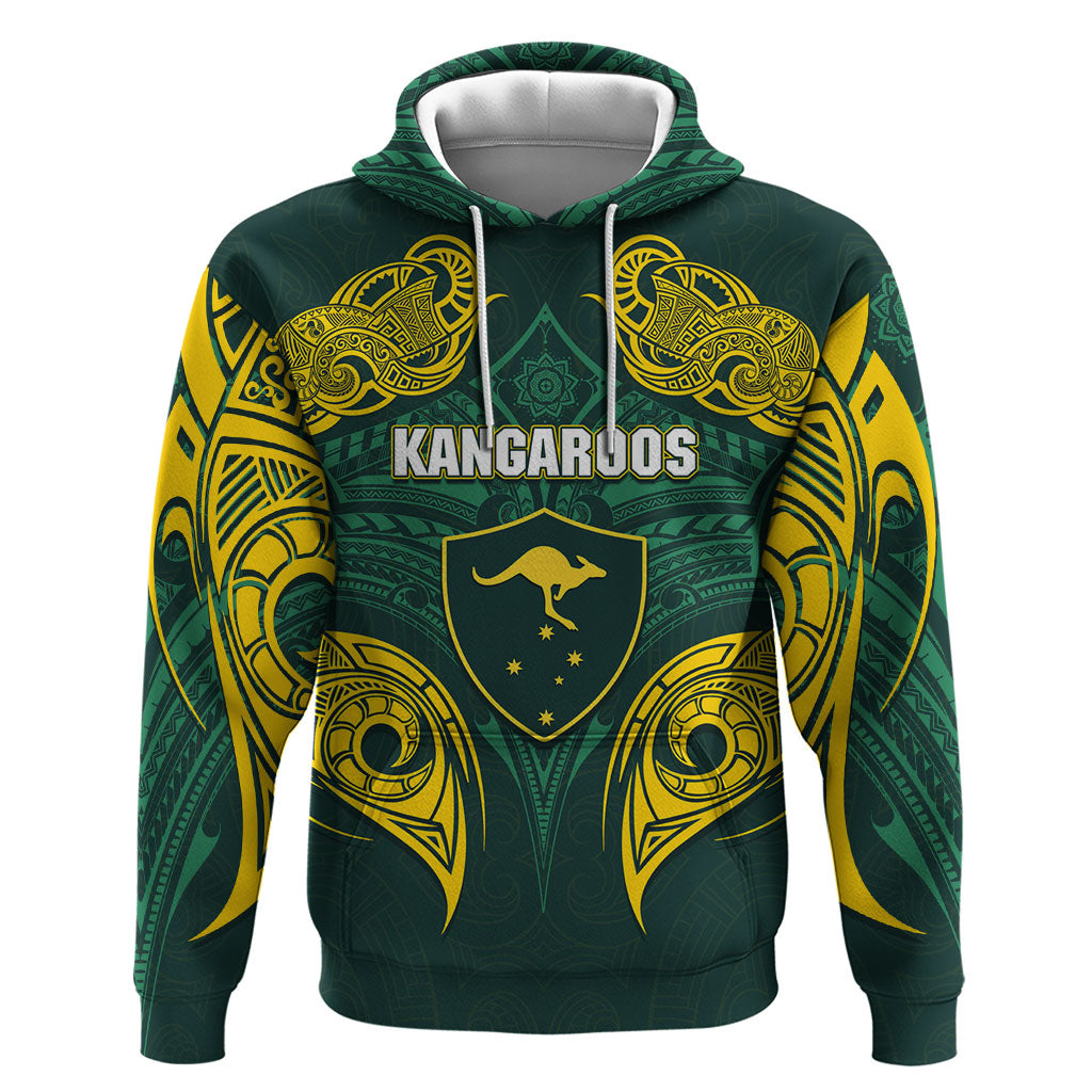 Custom Kangaroos Rugby Hoodie Polynesian Tribal Pattern Green Gold National Team