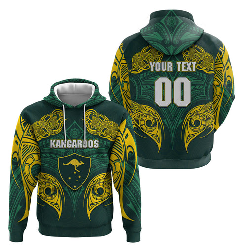 Custom Kangaroos Rugby Hoodie Polynesian Tribal Pattern Green Gold National Team