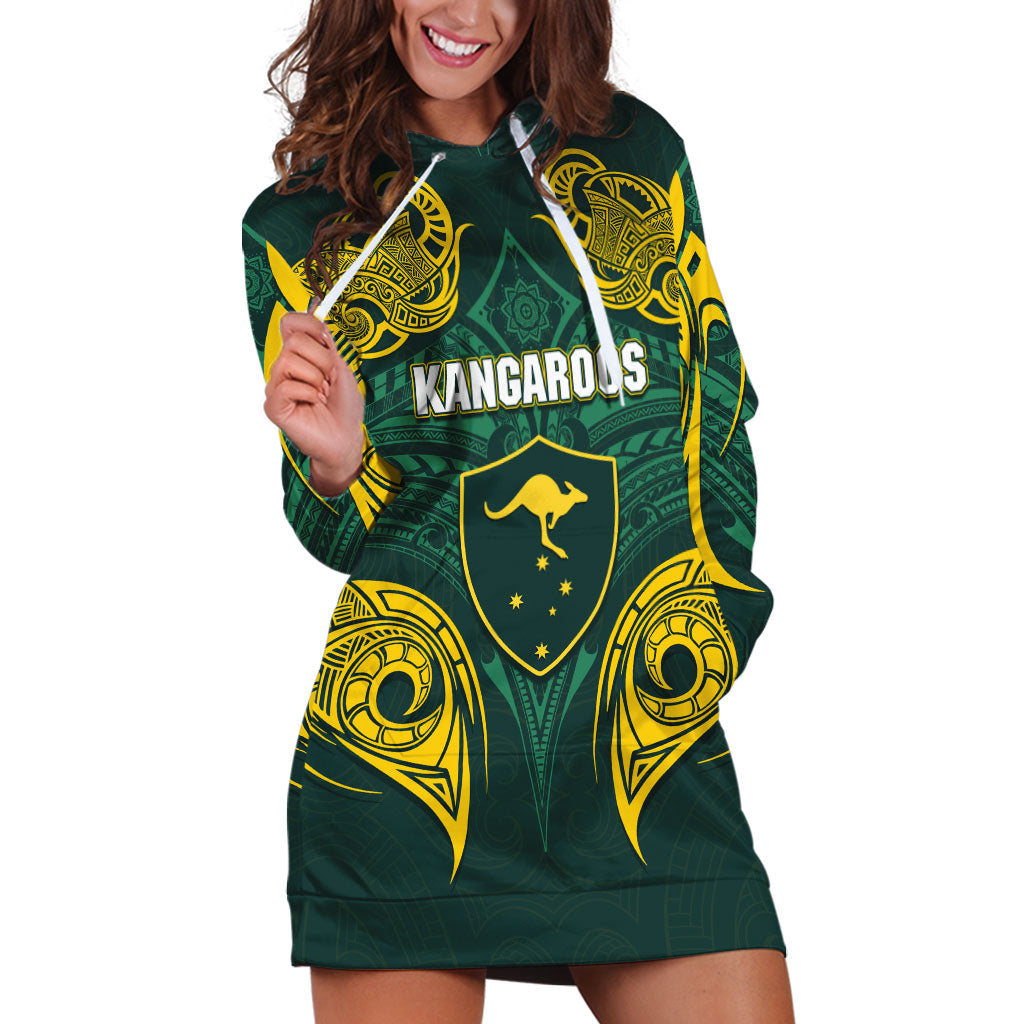 Custom Kangaroos Rugby Hoodie Dress Polynesian Tribal Pattern Green Gold National Team