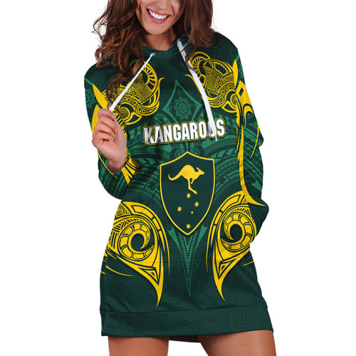 Custom Kangaroos Rugby Hoodie Dress Polynesian Tribal Pattern Green Gold National Team