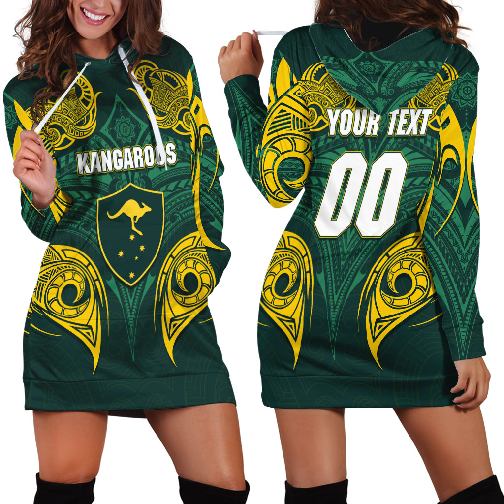 Custom Kangaroos Rugby Hoodie Dress Polynesian Tribal Pattern Green Gold National Team