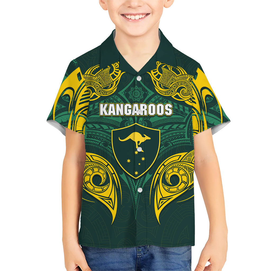 Custom Kangaroos Rugby Kid Hawaiian Shirt Polynesian Tribal Pattern Green Gold National Team