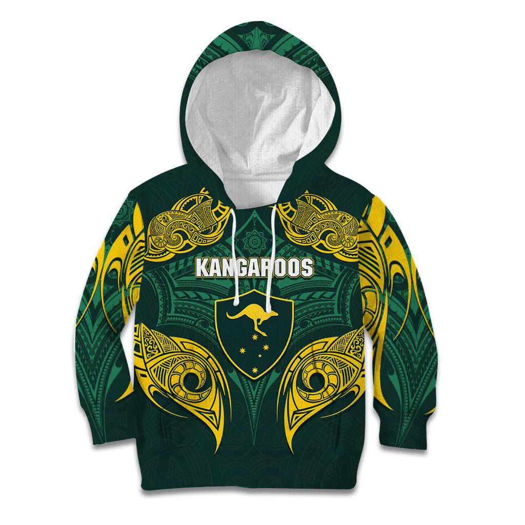 Custom Kangaroos Rugby Kid Hoodie Polynesian Tribal Pattern Green Gold National Team